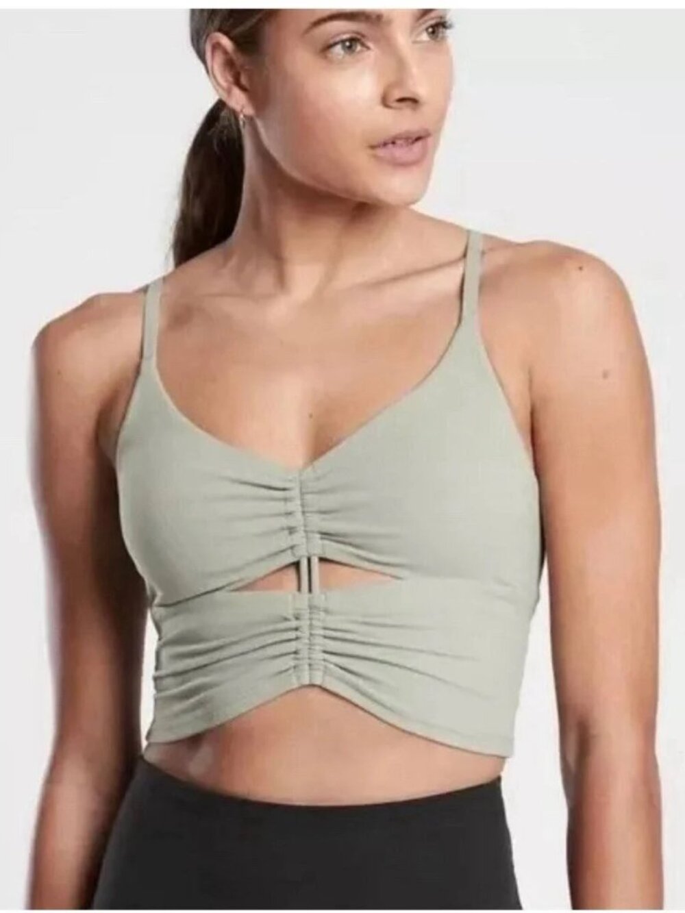 Athleta Sports Bra Cinch Small Sage Green Ruched Cutout Longline Yoga P4148